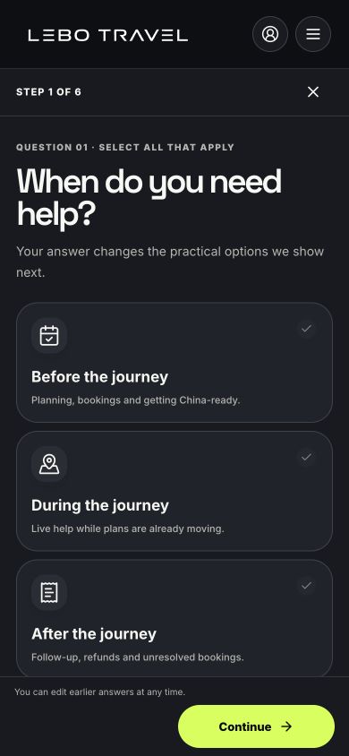 Mobile LeBo Travel trip finder showing the same journey as a vertical interface