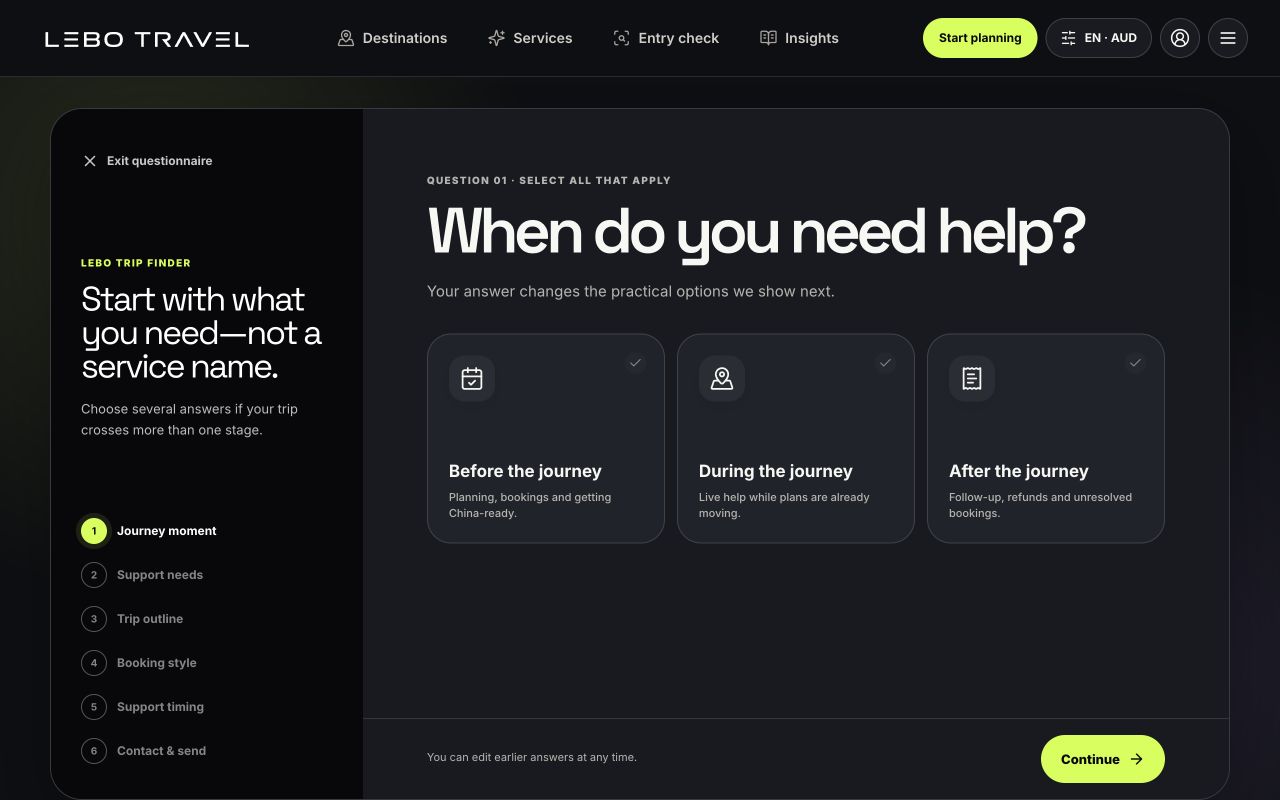 LeBo Travel trip finder desktop interface asking when a traveler needs help